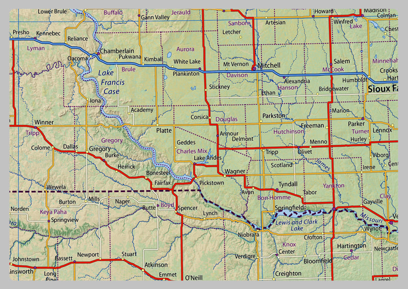 Dakota and Nebraska Physical Map