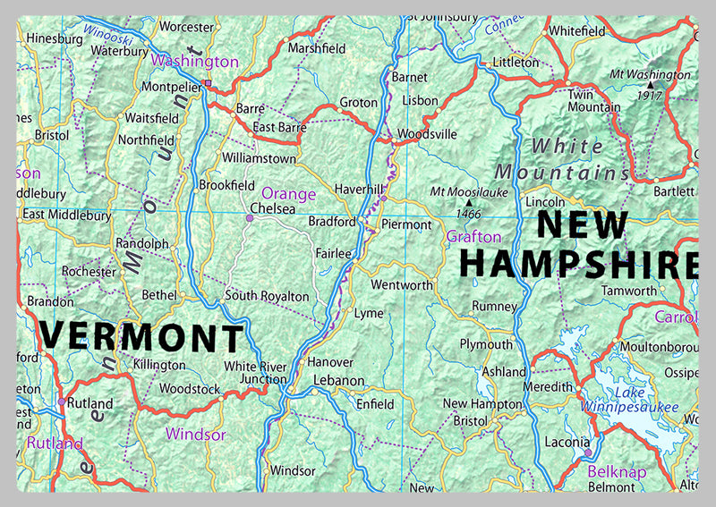Connecticut, Massachusetts, Vermont, New Hampshire and Rhode Island Physical State Map
