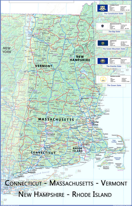 Connecticut, Massachusetts, Vermont, New Hampshire and Rhode Island Physical State Map