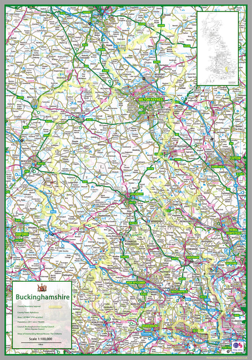 map of Buckinghamshire, a ceremonial county in England, UK.  This map covers the towns      Milton Keynes     Buckingham     High Wycombe     Amersham     Chesham     Chalfonts     Aylesbury     Marlow     Princes Risborough     Olney