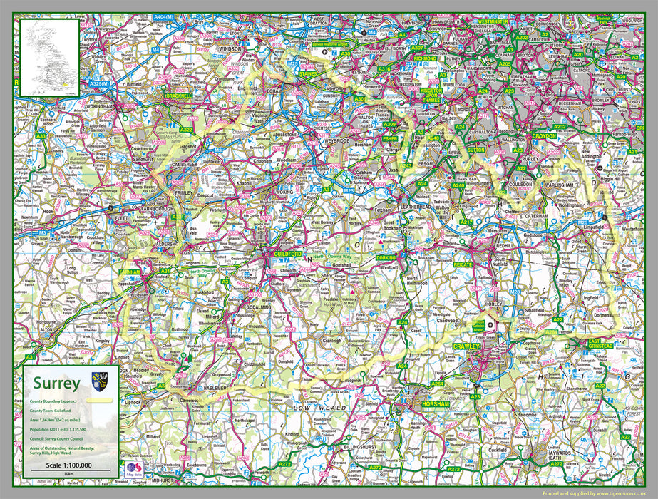 map of Surrey, a county in England, UK.  This map covers the towns:      Ashford     Camberley     Dorking‎     Epsom‎     Farnham‎     Godalming‎     Guildford‎     Haslemere‎     Horley‎     Leatherhead‎     Oxted‎     Reigate‎     Staines-upon-Thames     Sunbury-on-Thames‎     Weybridge     Woking‎