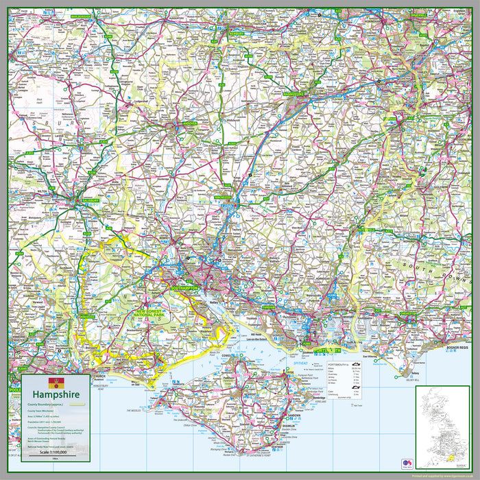 map of Hampshire, a county in England, UK.  This map covers the cities of Winchester, Southampton and Portmouth and the towns:      Basingstoke     Eastleigh     Gosport     Farnborough     Andover     Aldershot     Horndean     Havant