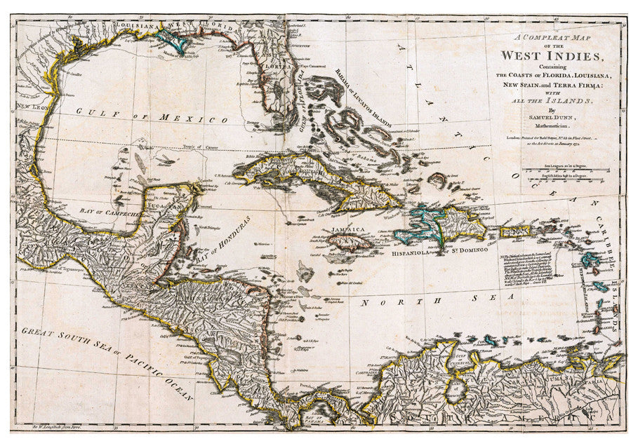 1774 - Map of the West Indies by Samuel Dunn
