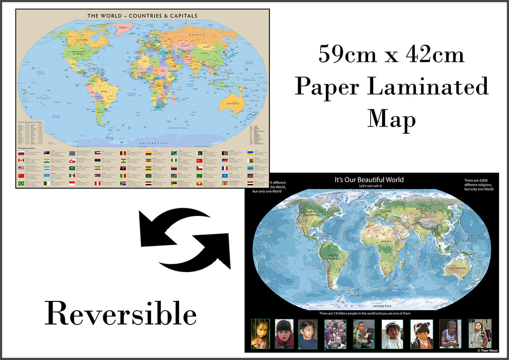 Children's World Double Sided Map A2-59cm x 42cm - Paper Laminated