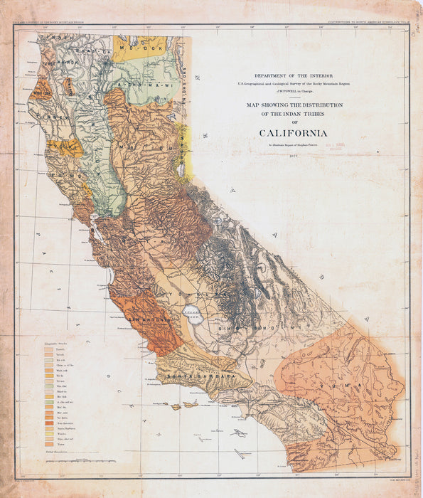 1877 - Distribution of the Indian Tribes of California Map by J.W. Powell