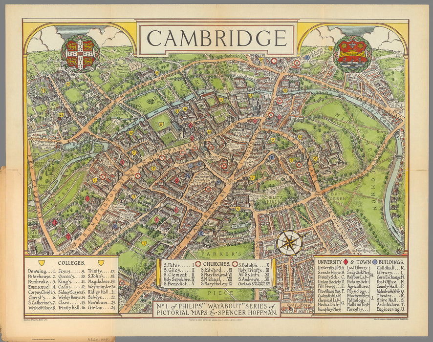 1929 Historical Pictorial map of Cambridge