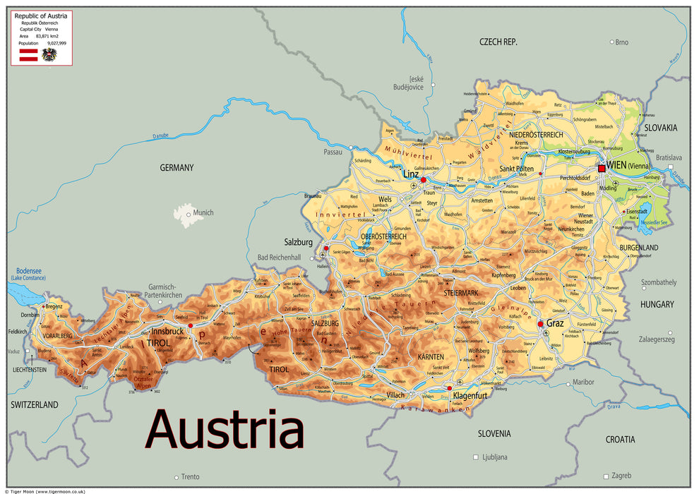 Physical Map of Austria - The Oxford Collection