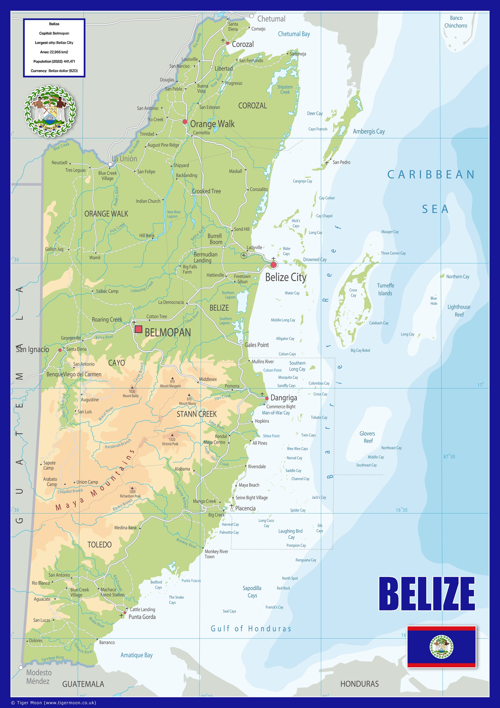 Belize Background Map Physical Map of Belize - The Oxford Collection– I Love Maps