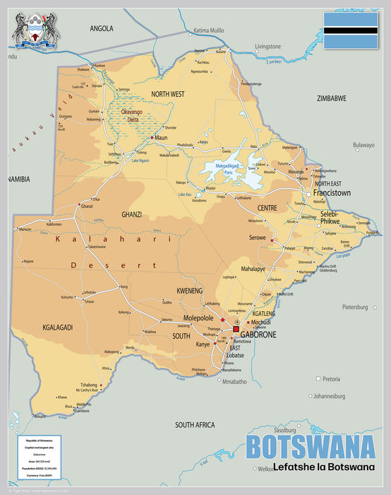 Physical Map of Botswana - The Oxford Collection