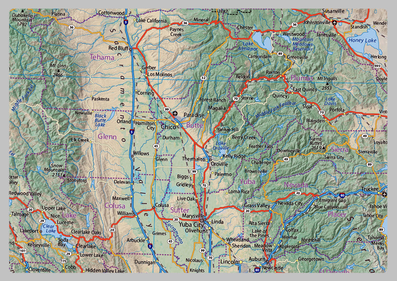 California and Nevada Physical State Map