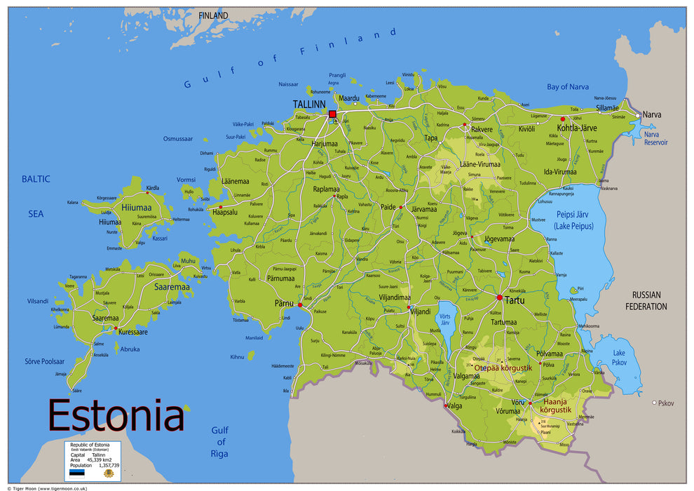 Physical Map of Estonia - The Oxford Collection