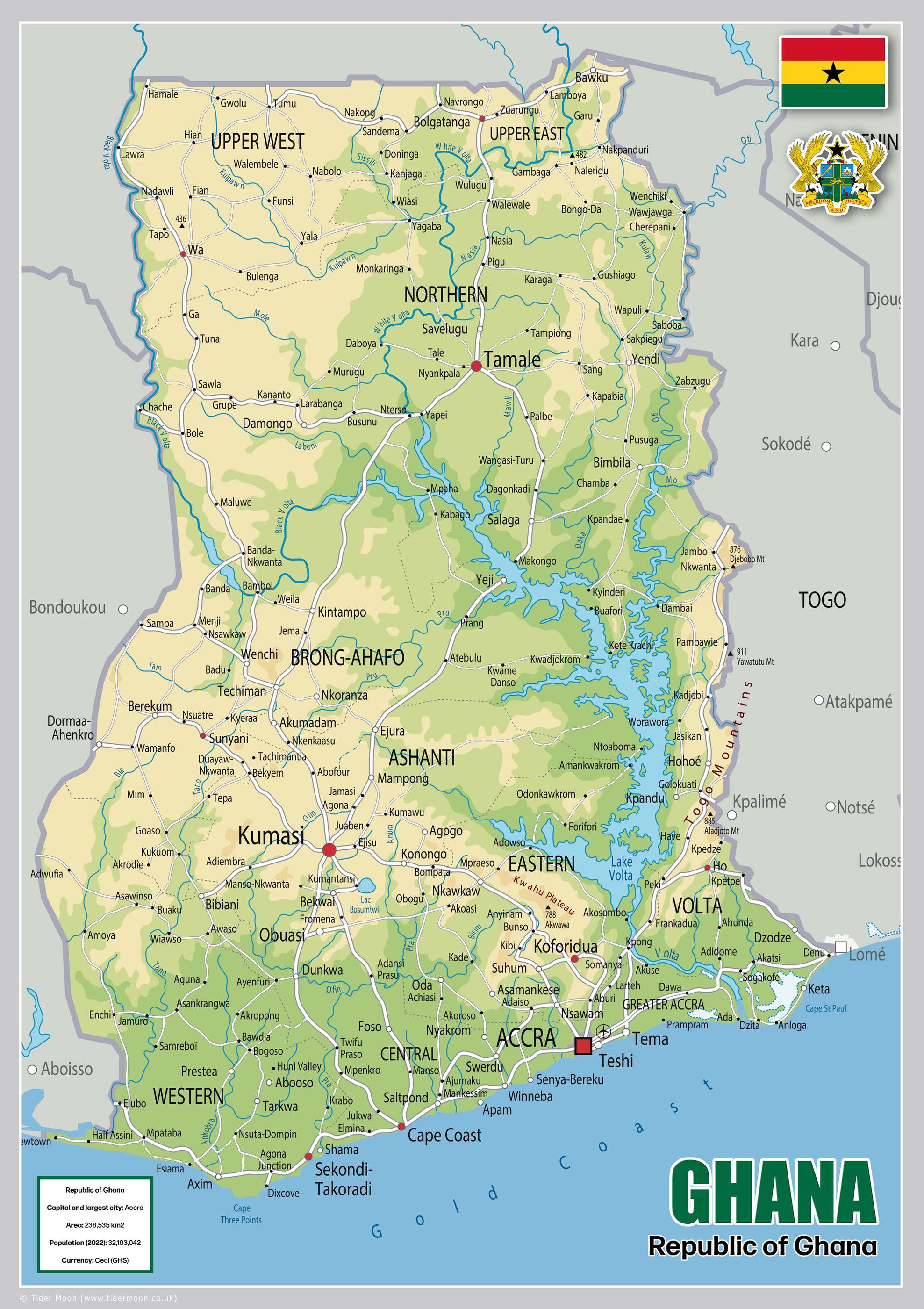 Ghana Rivers Map Physical Map of Ghana - The Oxford Collection– I Love Maps