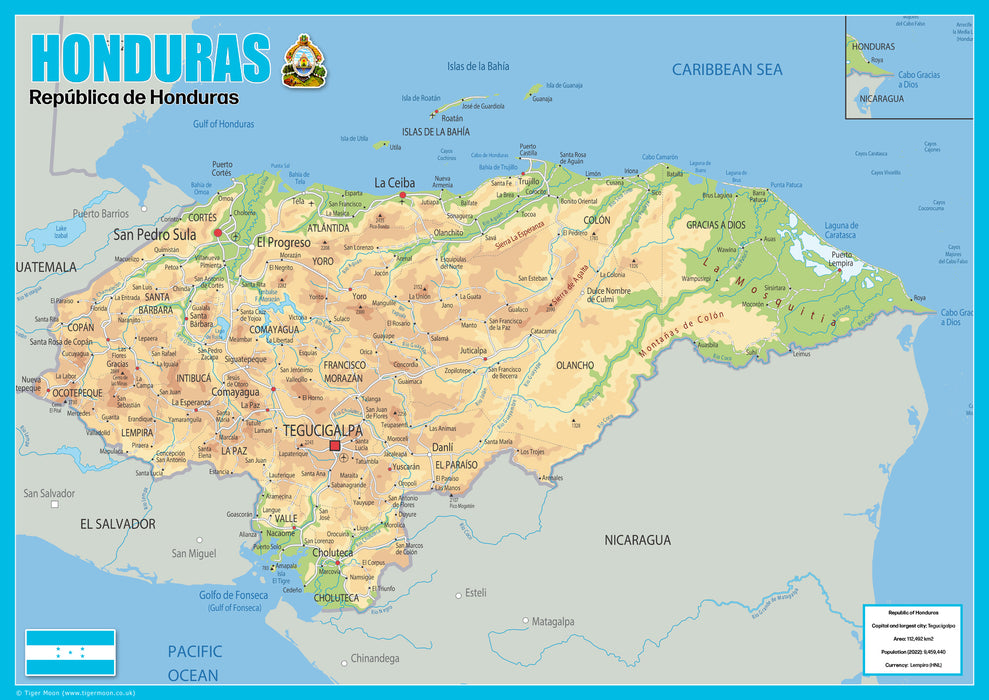 Physical Map of Honduras - The Oxford Collection