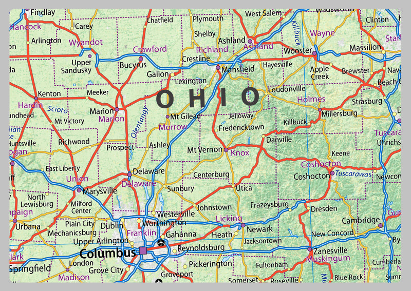 Illinois, Indiana, Ohio and Kentucky Physical Map