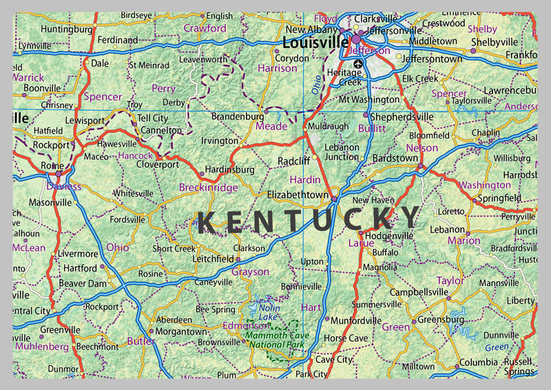 Illinois, Indiana, Ohio and Kentucky Physical Map