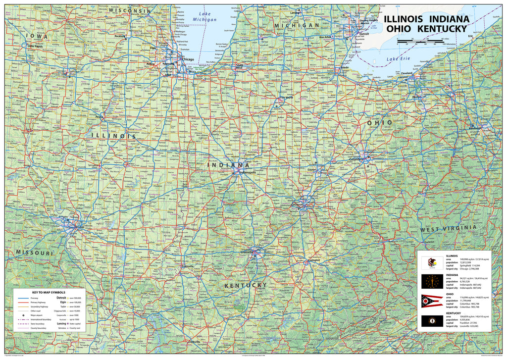 Illinois, Indiana, Ohio and Kentucky Physical State Map I Love Maps