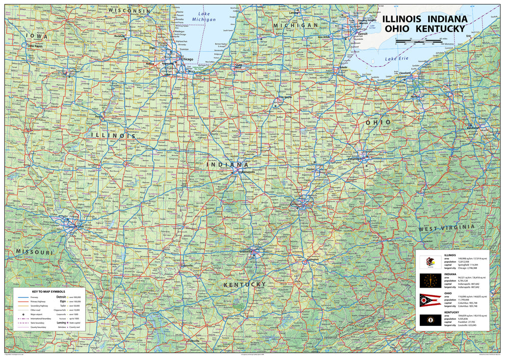 Illinois, Indiana, Ohio and Kentucky Physical Map