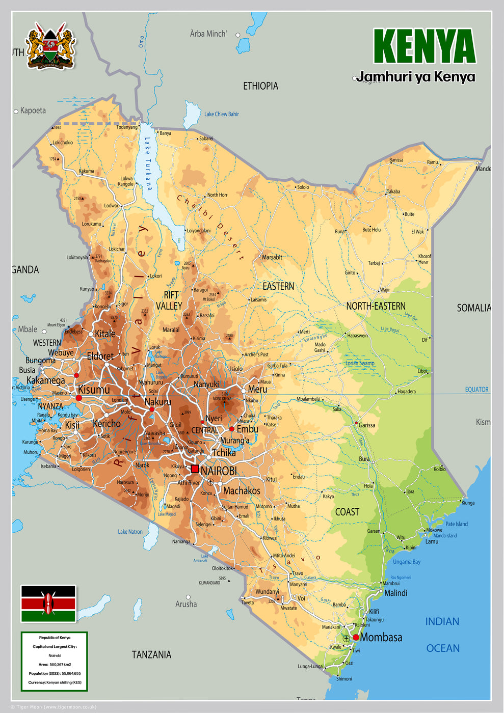 Physical Map of Kenya - The Oxford Collection– I Love Maps