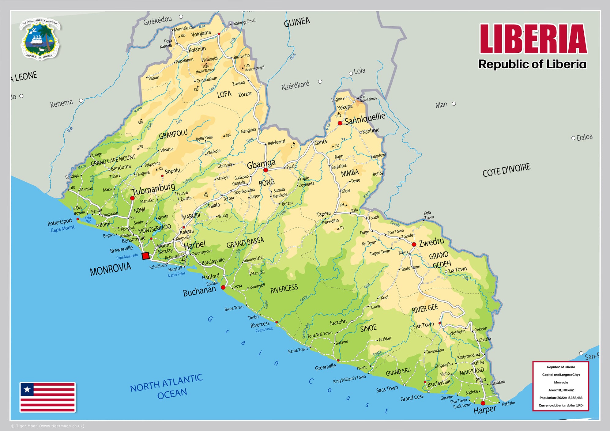 Physical Map of Liberia - The Oxford Collection– I Love Maps