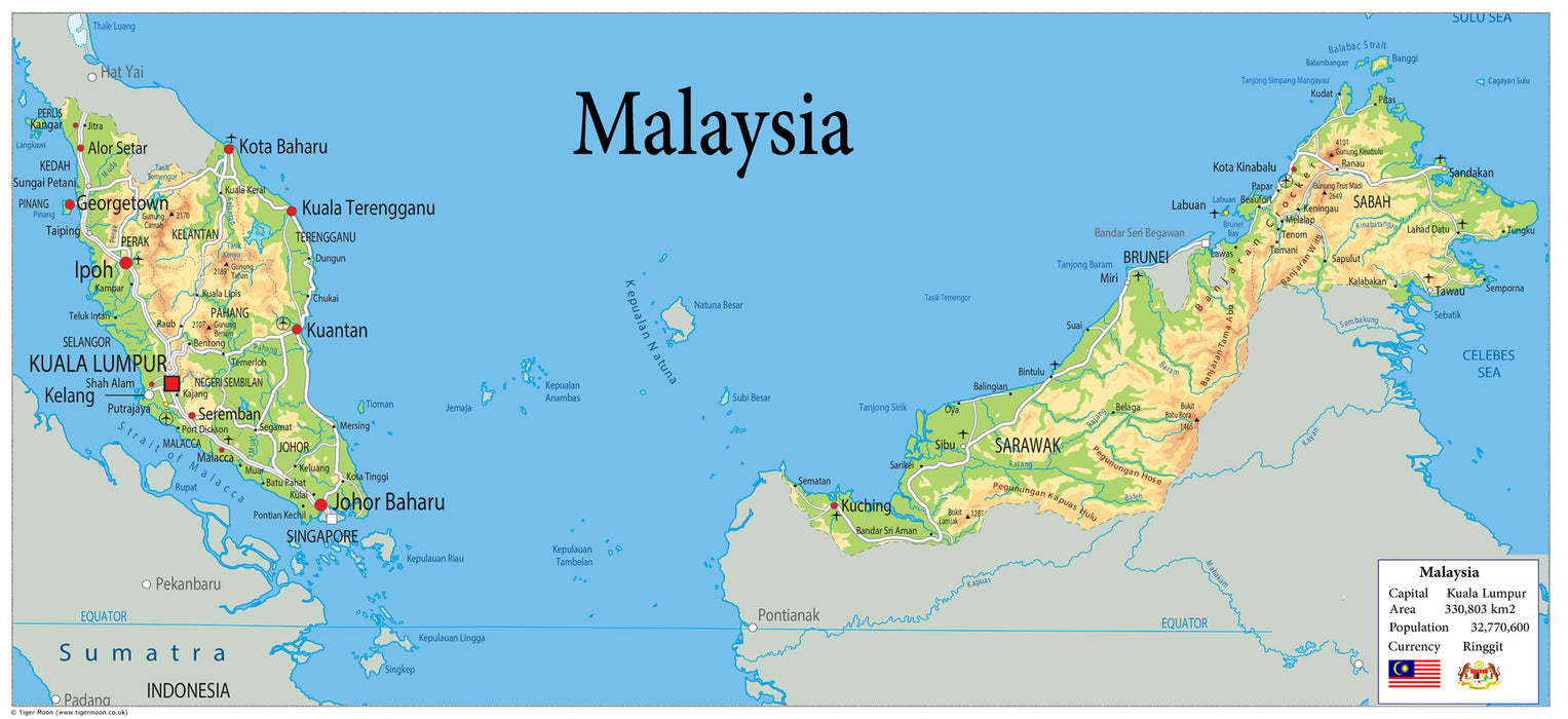 Physical Map of Malaysia - The Oxford Collection