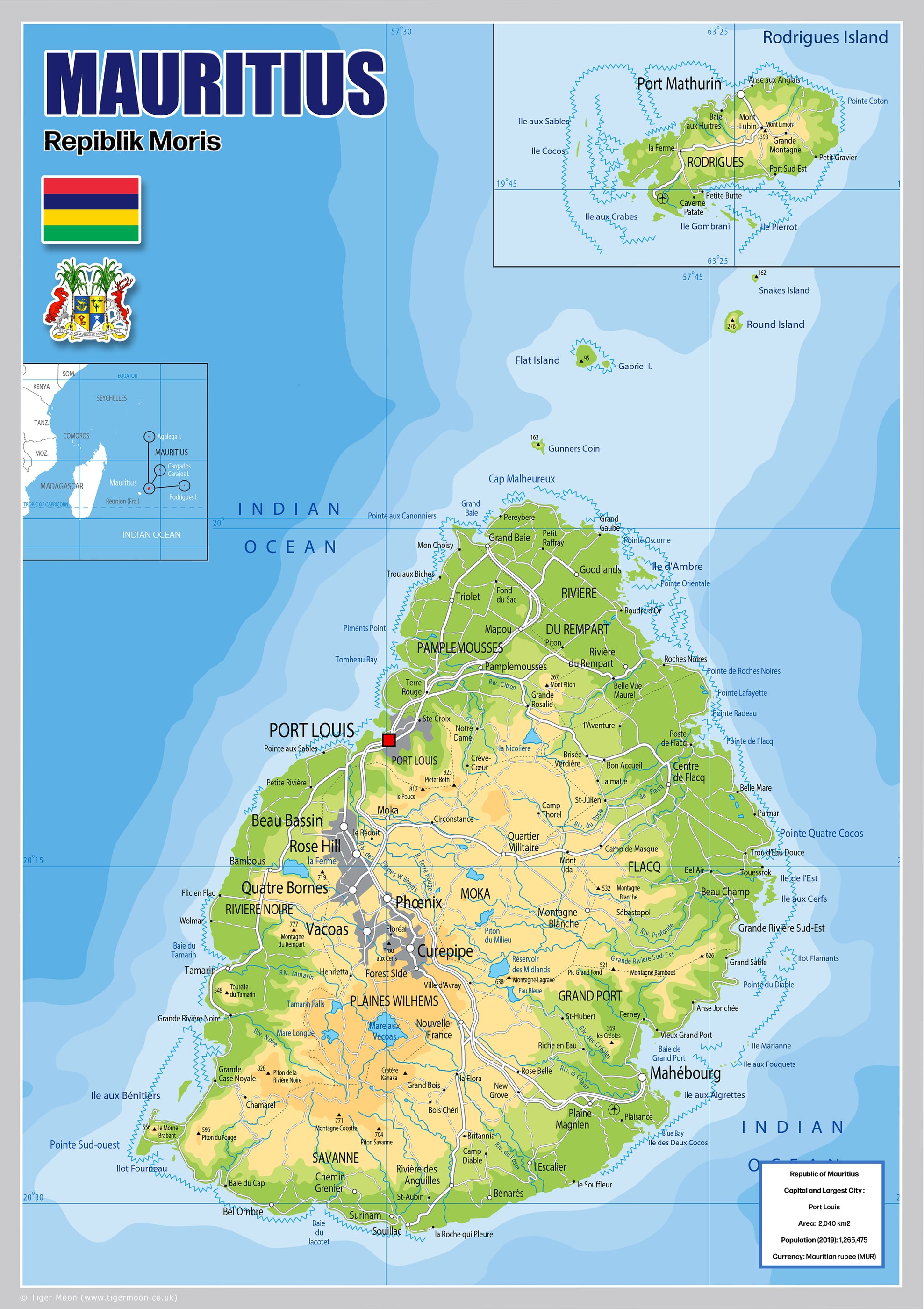 Mauritium Map Physical Map of Mauritius - The Oxford Collection– I Love Maps