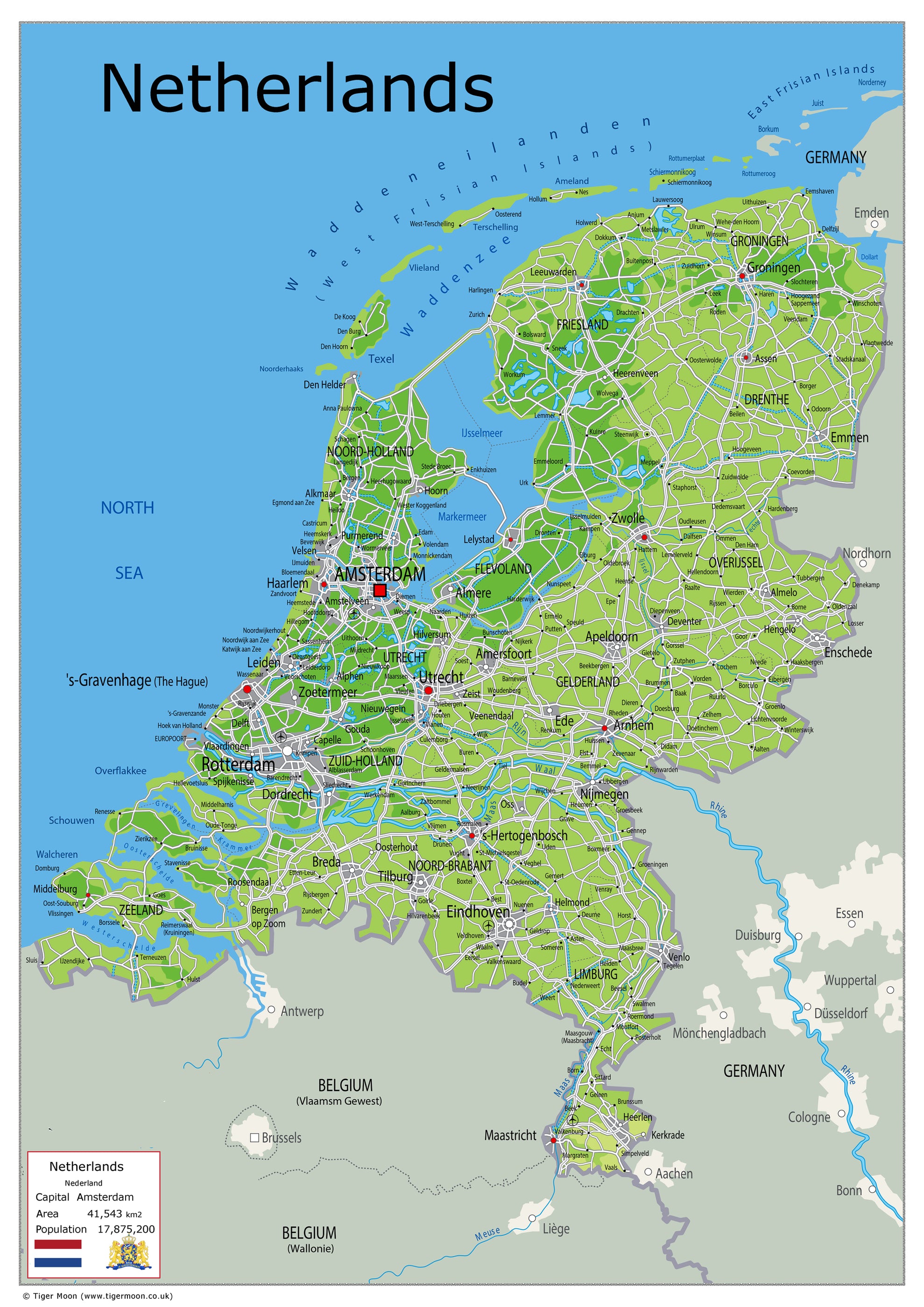 Netheron Map Physical Map of the Netherlands - The Oxford Collection– I Love Maps
