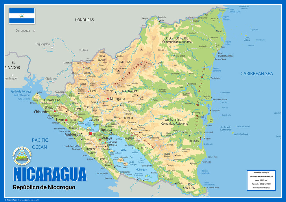 Physical Map of Nicaragua - The Oxford Collection