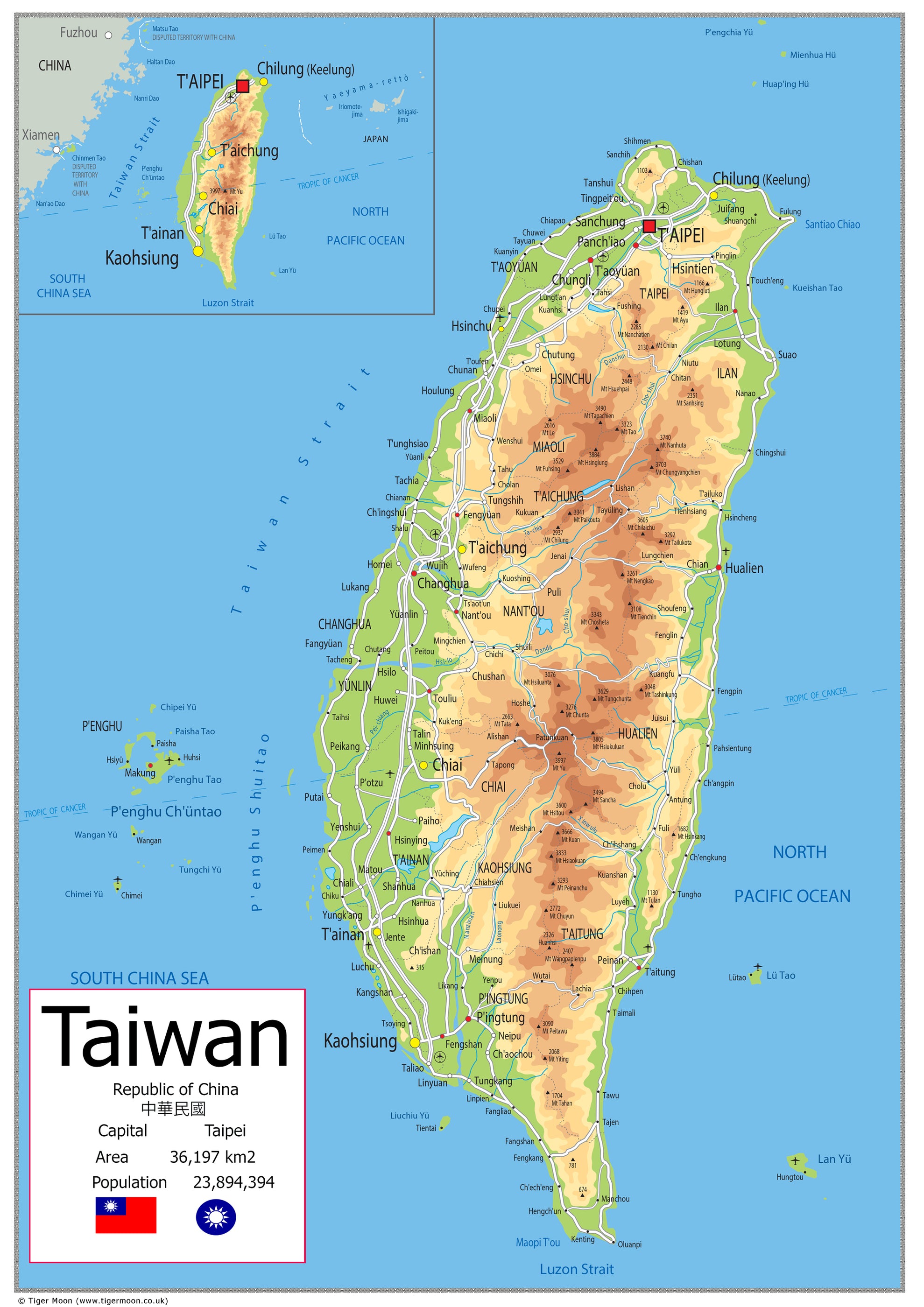 Taiwan Inventec Map Physical Map of Taiwan - The Oxford Collection– I Love Maps