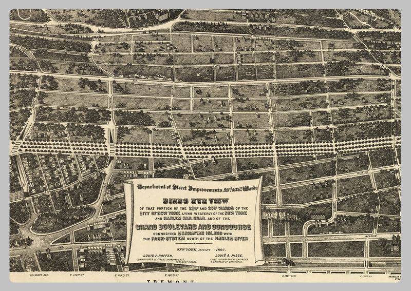 1897 - The Bronx New York USA - Long Birds Eye View Map