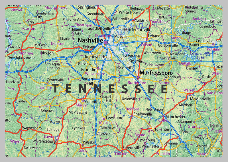 Tennessee, Alabama and Georgia Physical State Map