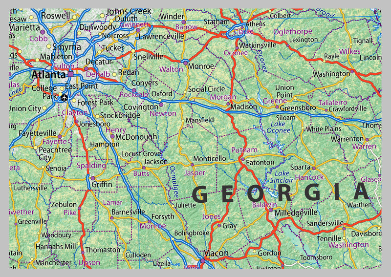 Tennessee, Alabama and Georgia Physical State Map