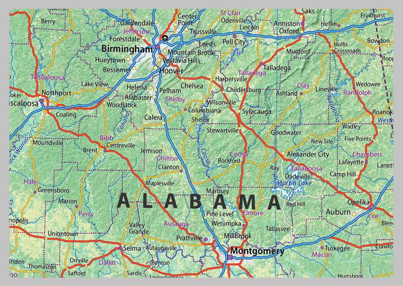 Tennessee, Alabama and Georgia Physical State Map