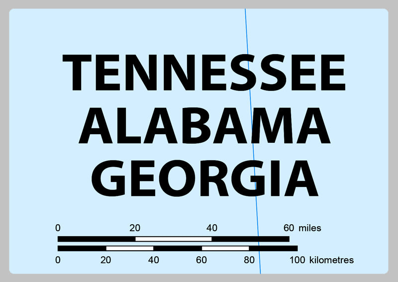 Tennessee, Alabama and Georgia Physical State Map