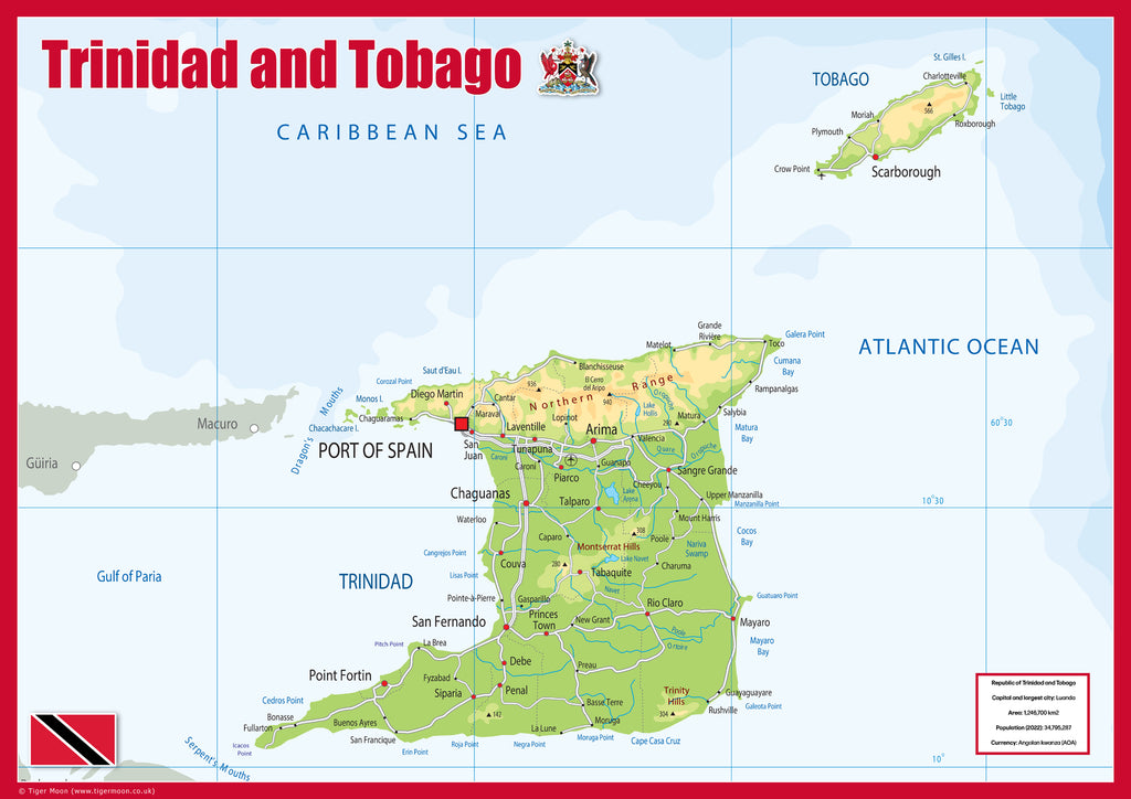 Physical Map Of Trinidad Tobago The Oxford Collection I Love Maps TrinidadHero 1024x1024