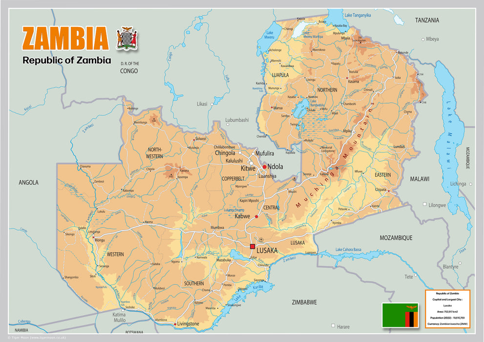 Physical Map of Zambia - The Oxford Collection