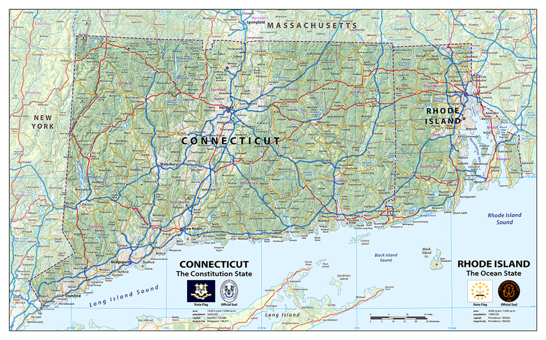 Physical map of Rhode Island and Connecticut A2– I Love Maps