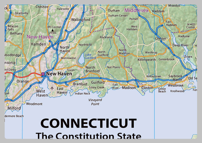 Rhode Island and Connecticut Physical Map