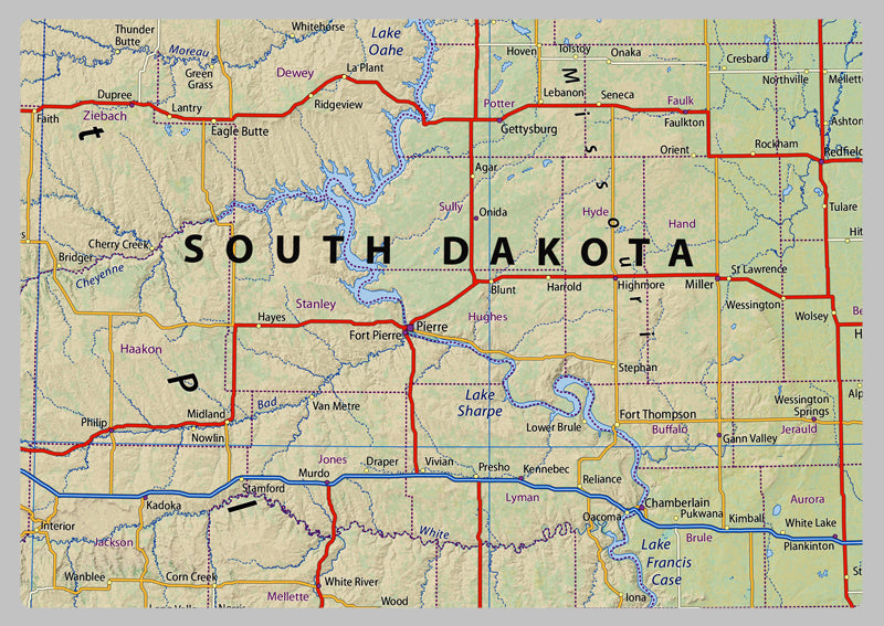 Dakota and Nebraska Physical Map