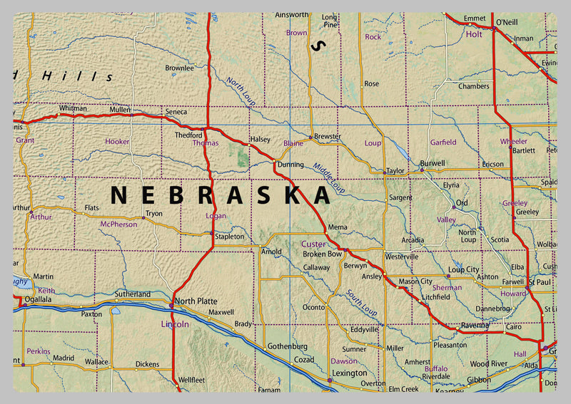 Dakota and Nebraska Physical Map