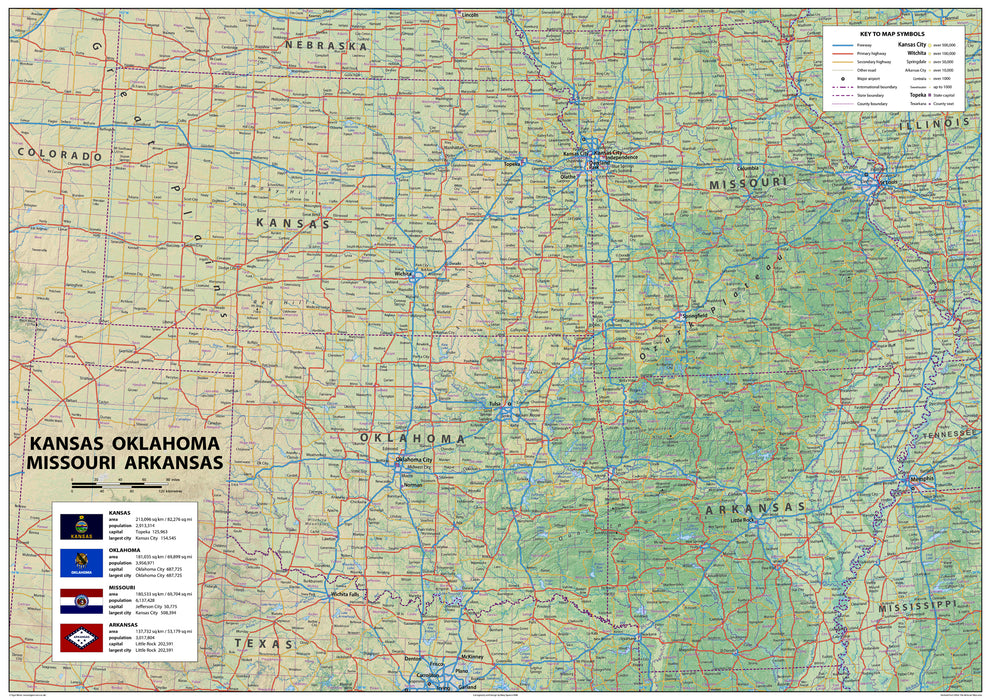 Kansas, Oklahoma, Missouri and Arkansas Physical State Map