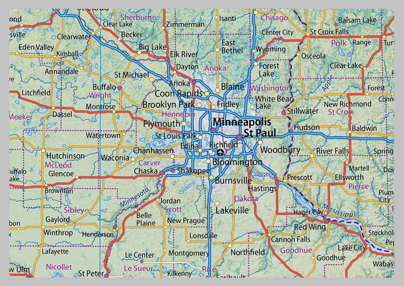 Minnesota and Iowa Physical State Map