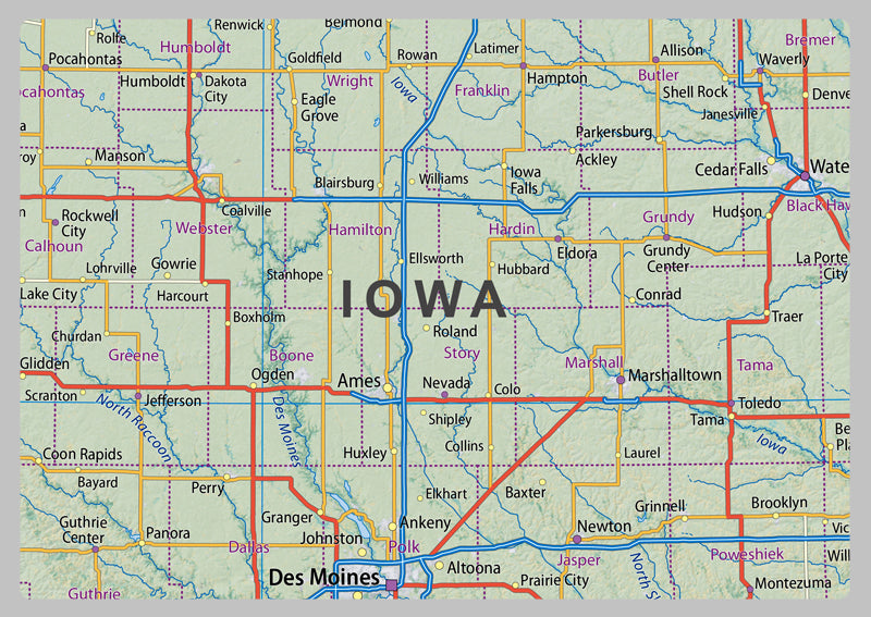 Minnesota and Iowa Physical State Map