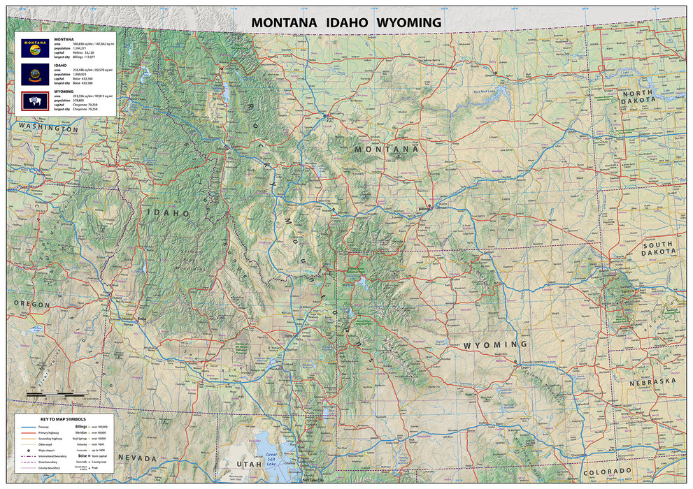 Montana, Idaho and Wyoming Physical Map