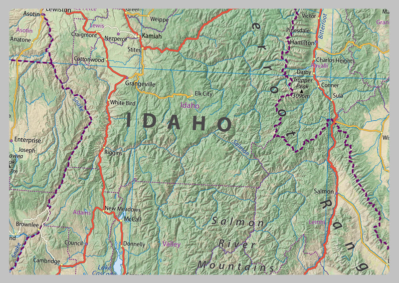 Montana, Idaho and Wyoming Physical Map