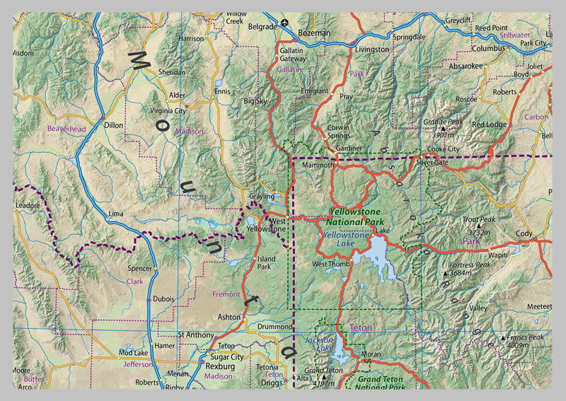 Montana, Idaho and Wyoming Physical Map