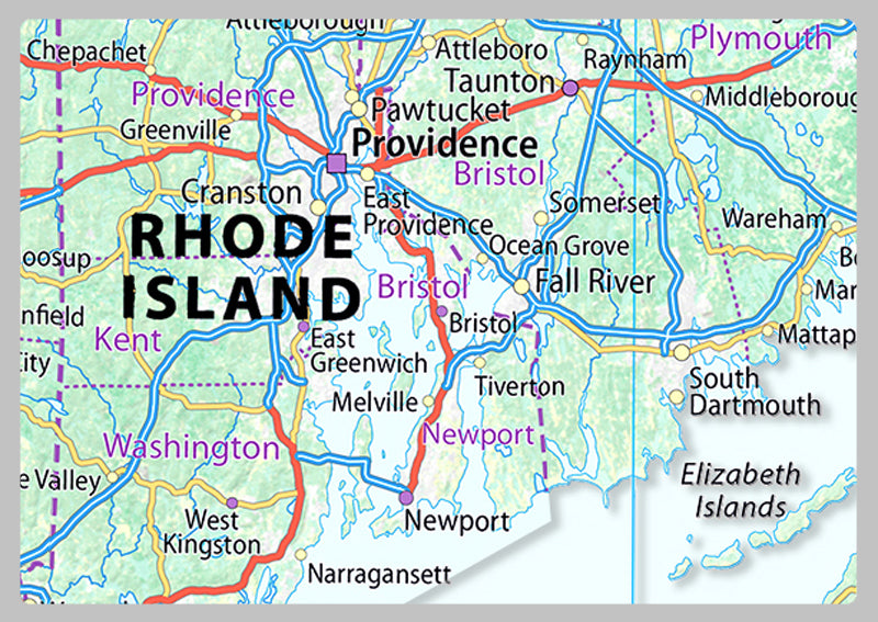 Connecticut, Massachusetts, Vermont, New Hampshire and Rhode Island Physical State Map