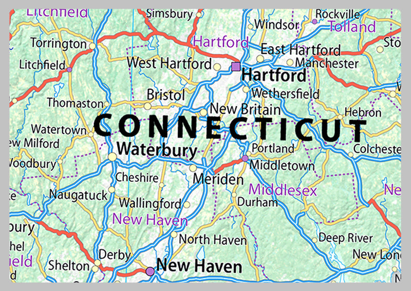 Connecticut, Massachusetts, Vermont, New Hampshire and Rhode Island Physical State Map