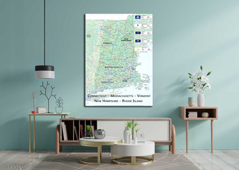 Connecticut, Massachusetts, Vermont, New Hampshire and Rhode Island Physical State Map