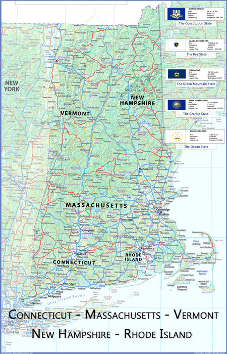 Connecticut, Massachusetts, Vermont, New Hampshire and Rhode Island Physical State Map