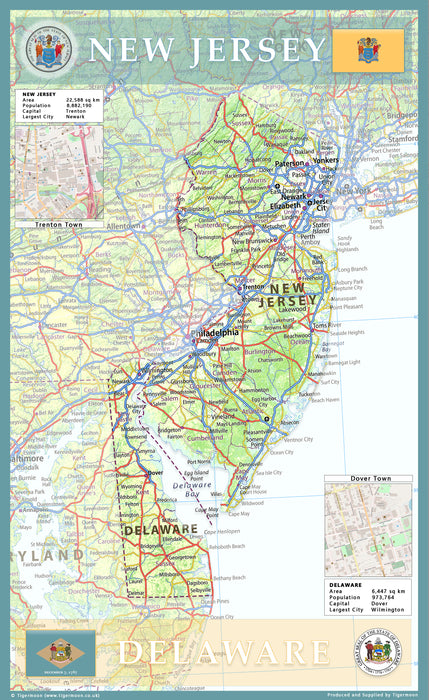 New Jersey and Delaware Physical State Map
